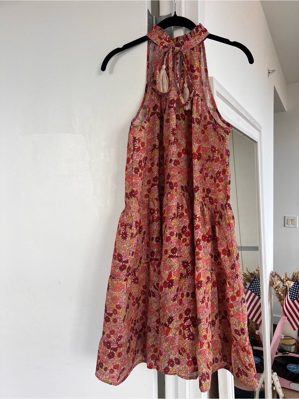 Koko + Mason Floral Flowers Tiered Orange Red Dress L